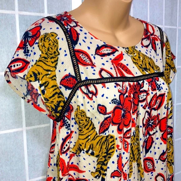 Coreylynncalter ANTHROPOLOGIE Tiger &Tropical Floral Print Summer Tunic Top XS - Picture 5 of 10